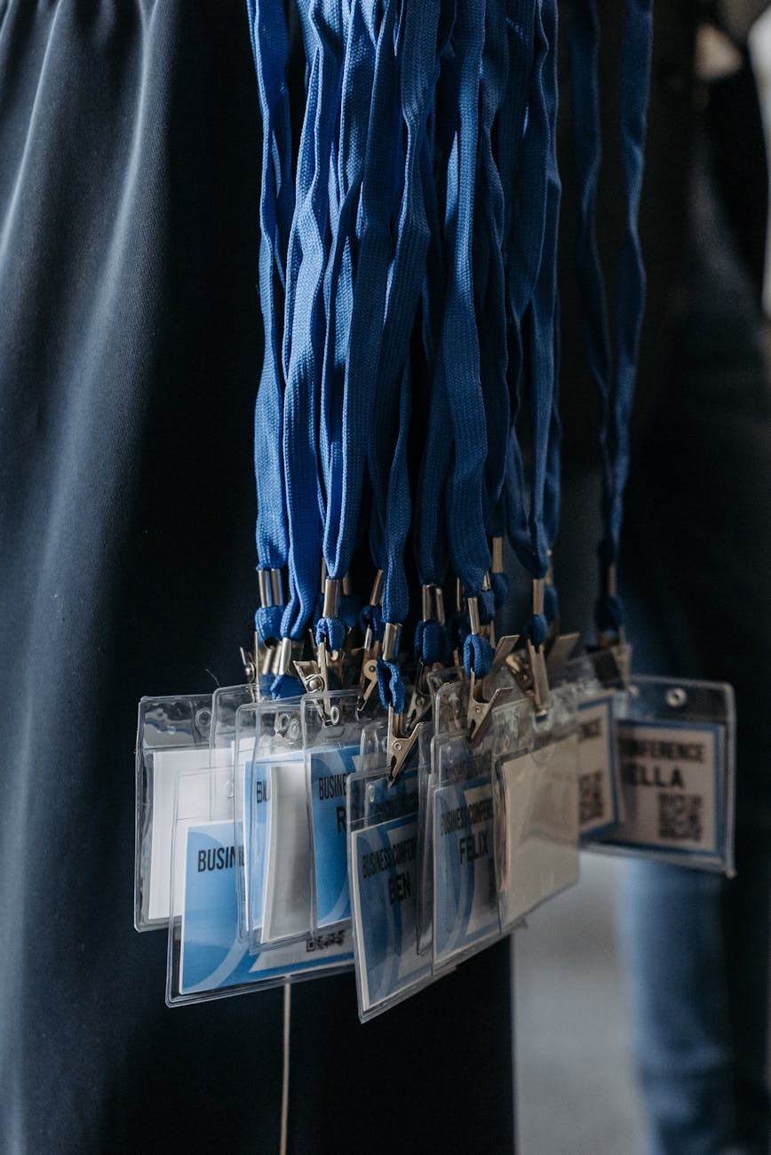 close up shot of identification badges for the participants